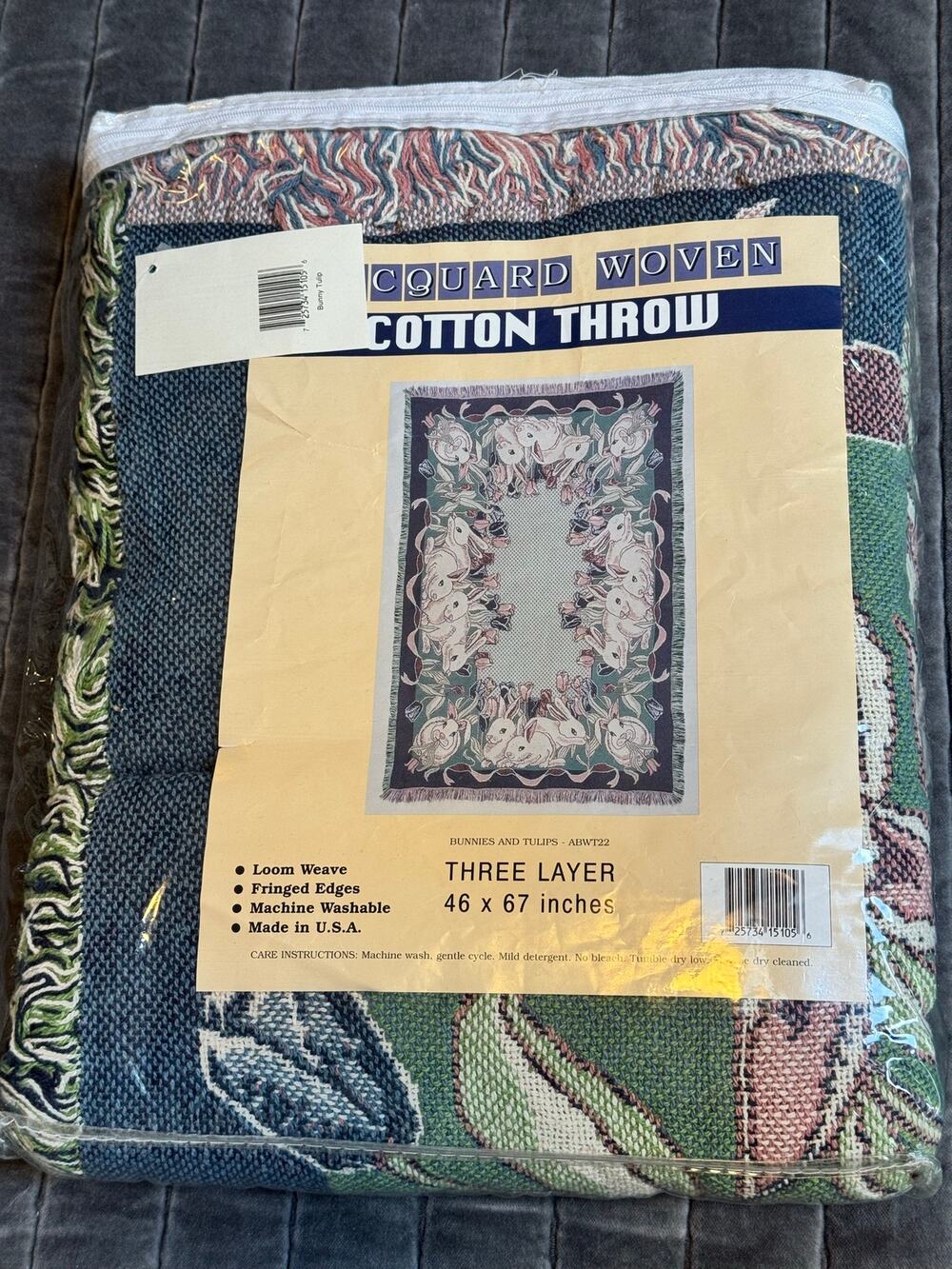 Bunnies & Tulips 3-Layer Jacquard Woven Cotton Throw Blanket 46x67 USA Made VTG